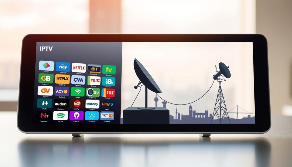 A visually engaging infographic illustrating IPTV channels subscription plans in Ireland, set in a professional environment. In the foreground, display a sleek tablet showcasing colorful icons representing various IPTV channels. In the middle, balance traditional cable and satellite symbols like a dish and cables, demonstrating a comparison to IPTV. The background features a subtle Irish skyline and landmarks, softly lit by natural daylight. Use a depth of field effect to focus on the tablet while gently blurring the background. The overall mood is informative and modern, conveying a sense of technological advancement in television options. The image should be clear, professional, and visually appealing without any text or branding. A visually engaging infographic illustrating IPTV channels subscription plans in Ireland, set in a professional environment. In the foreground, display a sleek tablet showcasing colorful icons representing various IPTV channels. In the middle, balance traditional cable and satellite symbols like a dish and cables, demonstrating a comparison to IPTV. The background features a subtle Irish skyline and landmarks, softly lit by natural daylight. Use a depth of field effect to focus on the tablet while gently blurring the background. The overall mood is informative and modern, conveying a sense of technological advancement in television options. The image should be clear, professional, and visually appealing without any text or branding.