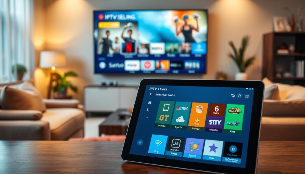 A visually engaging representation of IPTV Cork's subscription plans, displayed on a sleek modern tablet in the foreground. The tablet screen shows vibrant icons for various plan tiers, showcasing categories like Movies, Sports, and Kids. Surrounding the tablet, a cozy living room setting with plush furniture, a stylish entertainment unit, and soft ambient lighting creates a welcoming atmosphere. In the background, a large screen displays a popular streaming service interface, subtly hinting at seamless viewing experiences. Use warm, inviting colors to evoke a sense of comfort and reliability. The scene is shot from a slightly elevated angle to focus on the tablet and the ambiance of the room, giving the impression of an immersive entertainment space. A visually engaging representation of IPTV Cork's subscription plans, displayed on a sleek modern tablet in the foreground. The tablet screen shows vibrant icons for various plan tiers, showcasing categories like Movies, Sports, and Kids. Surrounding the tablet, a cozy living room setting with plush furniture, a stylish entertainment unit, and soft ambient lighting creates a welcoming atmosphere. In the background, a large screen displays a popular streaming service interface, subtly hinting at seamless viewing experiences. Use warm, inviting colors to evoke a sense of comfort and reliability. The scene is shot from a slightly elevated angle to focus on the tablet and the ambiance of the room, giving the impression of an immersive entertainment space.