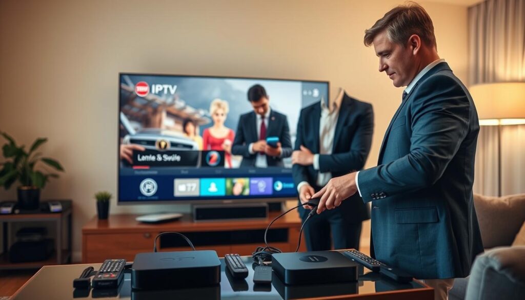 A visually engaging scene illustrating the simple and quick IPTV Cork setup process. In the foreground, a modern living room setup featuring a sleek smart TV displaying the IPTV interface, with an organized assortment of tech gadgets like a streaming box and remote controls. In the middle, a person in professional business attire is standing, focused on connecting cables and configuring the device, showcasing an approachable, tech-savvy demeanor. The background reveals a cozy atmosphere with soft lighting, emphasizing a sense of comfort and reliability. The angle is slightly elevated, capturing both the TV and the person’s engaged expression. The color palette is warm, creating an inviting mood suitable for home entertainment. A visually engaging scene illustrating the simple and quick IPTV Cork setup process. In the foreground, a modern living room setup featuring a sleek smart TV displaying the IPTV interface, with an organized assortment of tech gadgets like a streaming box and remote controls. In the middle, a person in professional business attire is standing, focused on connecting cables and configuring the device, showcasing an approachable, tech-savvy demeanor. The background reveals a cozy atmosphere with soft lighting, emphasizing a sense of comfort and reliability. The angle is slightly elevated, capturing both the TV and the person’s engaged expression. The color palette is warm, creating an inviting mood suitable for home entertainment.