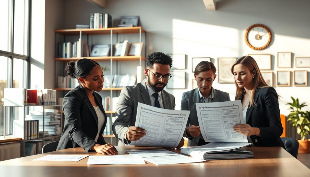 A visually engaging scene illustrating the theme of "Understanding Certifications and Quality Assurance." In the foreground, a diverse group of three professionals in business attire, a Black woman, a South Asian man, and a Caucasian woman, are gathered around a large table examining certification documents and quality assurance checklists, with focused expressions. In the middle ground, a modern office environment displays shelves filled with industry-related books and certificates hanging on the walls. The background features large windows allowing natural light to flood the room, setting a bright and optimistic atmosphere. Soft shadows create a warm yet professional mood. The angle is slightly elevated to capture the interplay of the subjects with the documents and the ambiance of the office.