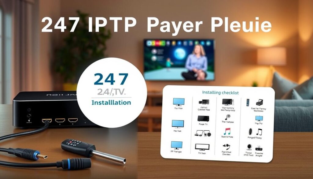 A visually rich and informative image depicting a "247 IPTV player installation guide". In the foreground, display a sleek, modern IPTV player with connectivity ports visible, along with essential installation tools like a screwdriver, HDMI cable, and a remote control. In the middle, illustrate a well-organized step-by-step installation checklist, featuring icons representing various devices such as TVs, tablets, and smartphones. In the background, include a cozy living room setting, with a TV displaying the IPTV interface, soft ambient lighting creating a welcoming atmosphere. The focus should be on clarity and accessibility, suitable for Irish users, with a warm color palette that conveys a friendly, supportive vibe. Avoid any text, ensuring a clean and professional look. A visually rich and informative image depicting a "247 IPTV player installation guide". In the foreground, display a sleek, modern IPTV player with connectivity ports visible, along with essential installation tools like a screwdriver, HDMI cable, and a remote control. In the middle, illustrate a well-organized step-by-step installation checklist, featuring icons representing various devices such as TVs, tablets, and smartphones. In the background, include a cozy living room setting, with a TV displaying the IPTV interface, soft ambient lighting creating a welcoming atmosphere. The focus should be on clarity and accessibility, suitable for Irish users, with a warm color palette that conveys a friendly, supportive vibe. Avoid any text, ensuring a clean and professional look.