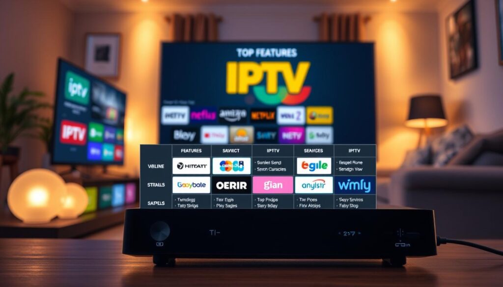 A visually striking and informative illustration showcasing the top IPTV providers in Ireland for 2026. In the foreground, display a sleek, modern digital device like a smart TV or streaming device, glowing with vibrant interfaces displaying IPTV logos. In the middle ground, include an organized table or infographic format that lists key features of several top IPTV services, presented with colorful icons. The background should depict a cozy living room setting with soft, warm lighting, creating an inviting atmosphere. Use a sharp lens to capture the details, ensuring the image feels engaging and professional. The overall mood should convey innovation and tech-savviness, appealing to viewers looking for reliable IPTV options. A visually striking and informative illustration showcasing the top IPTV providers in Ireland for 2026. In the foreground, display a sleek, modern digital device like a smart TV or streaming device, glowing with vibrant interfaces displaying IPTV logos. In the middle ground, include an organized table or infographic format that lists key features of several top IPTV services, presented with colorful icons. The background should depict a cozy living room setting with soft, warm lighting, creating an inviting atmosphere. Use a sharp lens to capture the details, ensuring the image feels engaging and professional. The overall mood should convey innovation and tech-savviness, appealing to viewers looking for reliable IPTV options.