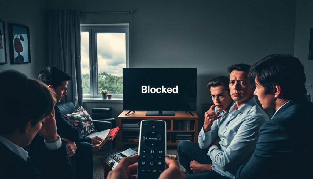 A visually striking image illustrating the impact of Amazon blocking IPTV on Fire TV Stick users in Ireland. In the foreground, a group of frustrated individuals dressed in professional business attire, gathered around a muted television displaying a "blocked" message. In the middle ground, a cluttered living room reflects the frustration, with a Fire TV Stick remote and disappointed expressions. The background features a window showing a cloudy, overcast sky, symbolizing uncertainty. Dramatic lighting highlights the faces of the users, casting shadows to enhance the mood of discontent. Use a slightly high-angle shot to capture the scene, focusing on the juxtaposition of technology and human emotion as they grapple with Amazon's enforcement of IPTV restrictions. A visually striking image illustrating the impact of Amazon blocking IPTV on Fire TV Stick users in Ireland. In the foreground, a group of frustrated individuals dressed in professional business attire, gathered around a muted television displaying a "blocked" message. In the middle ground, a cluttered living room reflects the frustration, with a Fire TV Stick remote and disappointed expressions. The background features a window showing a cloudy, overcast sky, symbolizing uncertainty. Dramatic lighting highlights the faces of the users, casting shadows to enhance the mood of discontent. Use a slightly high-angle shot to capture the scene, focusing on the juxtaposition of technology and human emotion as they grapple with Amazon's enforcement of IPTV restrictions.