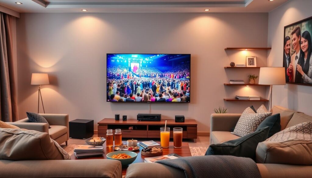 A visually striking living room setting designed for optimal home entertainment, highlighting high-definition IPTV streaming. In the foreground, a sleek modern TV displays vibrant Romanian channels in stunning Full HD and 4K UHD quality, showcasing a colorful and dynamic scene, possibly a popular Romanian cultural event. The middle ground features a comfortable couch adorned with stylish cushions, with a coffee table scattered with snacks and drinks, inviting viewers to enjoy a relaxing streaming experience. In the background, soft ambient lighting enhances the atmosphere, with shelves holding books and decorative items. The entire scene conveys a sense of warmth, comfort, and sophistication, emphasizing the clarity and richness of high-definition streaming. The angle is slightly from above, capturing the immersive experience of enjoying Romanian television in Ireland. A visually striking living room setting designed for optimal home entertainment, highlighting high-definition IPTV streaming. In the foreground, a sleek modern TV displays vibrant Romanian channels in stunning Full HD and 4K UHD quality, showcasing a colorful and dynamic scene, possibly a popular Romanian cultural event. The middle ground features a comfortable couch adorned with stylish cushions, with a coffee table scattered with snacks and drinks, inviting viewers to enjoy a relaxing streaming experience. In the background, soft ambient lighting enhances the atmosphere, with shelves holding books and decorative items. The entire scene conveys a sense of warmth, comfort, and sophistication, emphasizing the clarity and richness of high-definition streaming. The angle is slightly from above, capturing the immersive experience of enjoying Romanian television in Ireland.