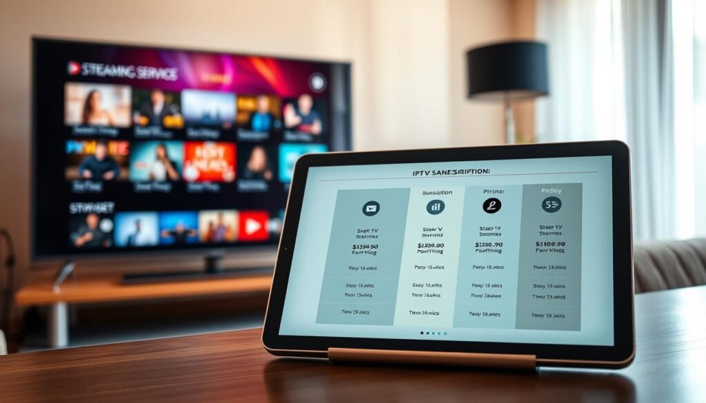 A visually striking presentation illustrating IPTV Ireland subscription plans and pricing. In the foreground, a sleek, modern digital device like a smart TV and tablet displays vibrant images of streaming services. In the middle ground, an elegant tablet screen shows various subscription plans with distinct tiers, featuring eye-catching icons and pricing details represented as graphics. The background consists of a cozy living room setting with soft, warm lighting, creating an inviting atmosphere that reflects leisure and entertainment. The scene should convey a sense of modern technology and accessibility, with a focus on clarity and professionalism. Soft shadows enhance the dimensions, while a slight angle captures the viewer's attention effectively, emphasizing the value and variety of IPTV services in Ireland.