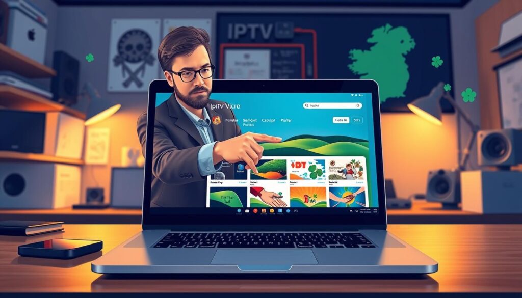 A vivid and detailed illustration depicting the concept of "IPTV GitHub resources for Ireland." In the foreground, showcase a sleek laptop open to the GitHub interface, displaying colorful IPTV playlists with recognizable Irish themes, like shamrocks or rolling green hills. The middle layer features a person in professional attire, pointing at the laptop screen with a look of concentration and understanding, indicating how to navigate the playlists. The background includes an organized workspace with tech gadgets, a map of Ireland, and subtle hints of coding symbols floating around to suggest digital resources. The lighting is warm and inviting, evoking a sense of productivity and innovation, with soft focus on the background to keep the attention on the foreground elements. The atmosphere is educational and inspiring, perfect for illustrating the section on using IPTV playlists on GitHub. A vivid and detailed illustration depicting the concept of "IPTV GitHub resources for Ireland." In the foreground, showcase a sleek laptop open to the GitHub interface, displaying colorful IPTV playlists with recognizable Irish themes, like shamrocks or rolling green hills. The middle layer features a person in professional attire, pointing at the laptop screen with a look of concentration and understanding, indicating how to navigate the playlists. The background includes an organized workspace with tech gadgets, a map of Ireland, and subtle hints of coding symbols floating around to suggest digital resources. The lighting is warm and inviting, evoking a sense of productivity and innovation, with soft focus on the background to keep the attention on the foreground elements. The atmosphere is educational and inspiring, perfect for illustrating the section on using IPTV playlists on GitHub.