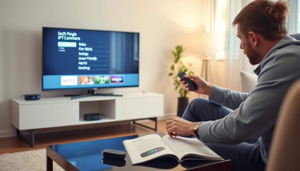 A well-lit living room setting showcasing a sleek modern TV stand with various popular streaming devices like Roku, Amazon Fire Stick, and Apple TV prominently placed. In the foreground, a person, dressed in smart casual attire, is attentively setting up one of the devices, connecting cables, and adjusting settings on the TV screen displaying a generic, user-friendly interface. The middle ground features a coffee table with a remote and a user manual opened to a setup guide. In the background, soft, ambient lighting creates a cozy atmosphere, while a window shows a hint of nature, adding a sense of comfort and home. The overall mood is relaxed and informative, encouraging viewers to feel confident about setting up IPTV services.