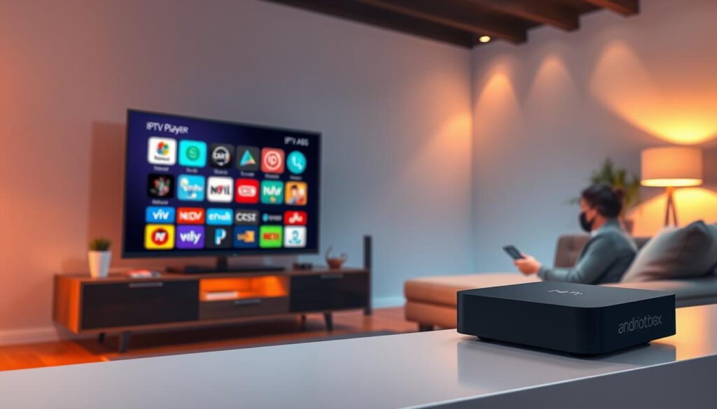 An artistic, high-resolution illustration depicting a modern living room setting featuring a sleek Android TV box prominently placed on a stylish entertainment center. In the foreground, display a variety of colorful, visually appealing IPTV player app icons on the TV screen, showcasing their unique designs. The middle ground features a comfortable sofa with a person, dressed in smart casual attire, holding a remote, engaged in viewing content. In the background, soft ambient lighting creates a cozy atmosphere, with warm hues illuminating the room, contributing to an inviting mood. Use a wide-angle view to capture the entire scene, emphasizing the sleek tech and comfortable environment, without any text or logos.