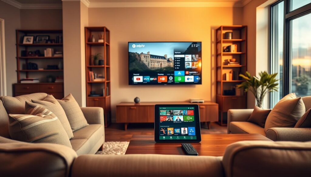 An elegant living room setup showcasing a modern IPTV app streaming Irish TV on a sleek flat-screen TV. In the foreground, a comfortable sofa adorned with throw pillows invites relaxation. A tabletop is visible, featuring a remote control and a tablet displaying the IPTV app interface with vibrant Irish TV content. In the middle, warm golden light illuminates the room, casting soft shadows. The background features a cozy ambiance with tastefully arranged shelves containing books and decorative items, hinting at a relaxing evening vibe. A window reveals a gentle dusk outside, enhancing the peaceful atmosphere. The scene encapsulates a seamless experience of enjoying Irish television, with an emphasis on troubleshooting and performance enhancement, creating an inviting visual for tech-savvy viewers. An elegant living room setup showcasing a modern IPTV app streaming Irish TV on a sleek flat-screen TV. In the foreground, a comfortable sofa adorned with throw pillows invites relaxation. A tabletop is visible, featuring a remote control and a tablet displaying the IPTV app interface with vibrant Irish TV content. In the middle, warm golden light illuminates the room, casting soft shadows. The background features a cozy ambiance with tastefully arranged shelves containing books and decorative items, hinting at a relaxing evening vibe. A window reveals a gentle dusk outside, enhancing the peaceful atmosphere. The scene encapsulates a seamless experience of enjoying Irish television, with an emphasis on troubleshooting and performance enhancement, creating an inviting visual for tech-savvy viewers.