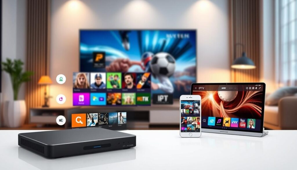 An engaging digital illustration showcasing M3U IPTV features and benefits. In the foreground, display a sleek, modern media player interface featuring vibrant icons representing various IPTV functionalities, like live TV, movies, and sports. In the middle ground, an array of streaming devices such as a smart TV, tablet, and smartphone, all showcasing the IPTV interface with dynamic streaming content. The background should be a stylish living room setting with soft, ambient lighting that creates a warm and inviting atmosphere. Use a lens with a slight depth of field to emphasize the foreground elements while gently blurring the background. This image should convey a sense of convenience, entertainment, and technological advancement in home entertainment systems. An engaging digital illustration showcasing M3U IPTV features and benefits. In the foreground, display a sleek, modern media player interface featuring vibrant icons representing various IPTV functionalities, like live TV, movies, and sports. In the middle ground, an array of streaming devices such as a smart TV, tablet, and smartphone, all showcasing the IPTV interface with dynamic streaming content. The background should be a stylish living room setting with soft, ambient lighting that creates a warm and inviting atmosphere. Use a lens with a slight depth of field to emphasize the foreground elements while gently blurring the background. This image should convey a sense of convenience, entertainment, and technological advancement in home entertainment systems.