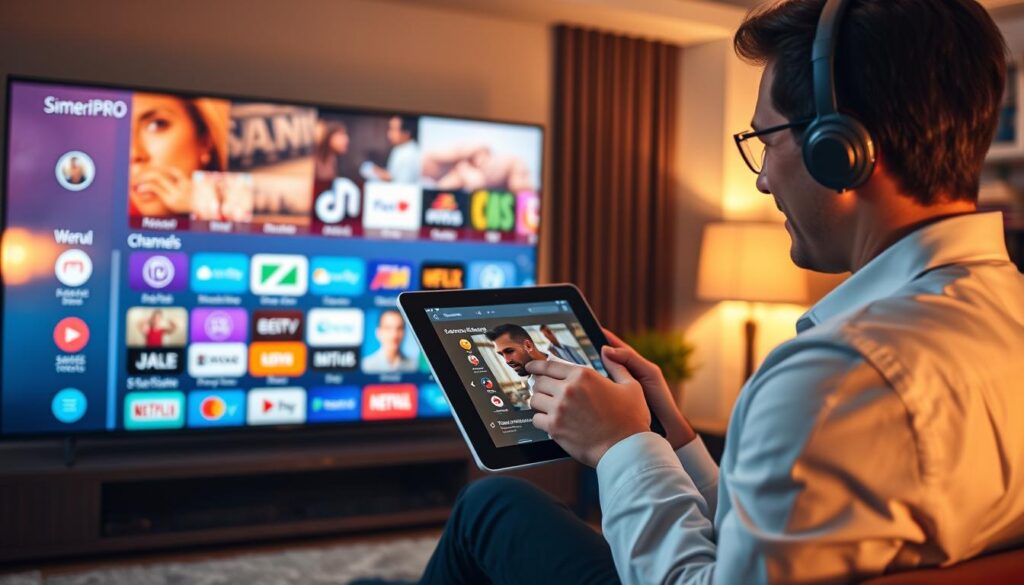 An informative and visually appealing overview of IPTV Smarters Pro Subscription. In the foreground, showcase a sleek digital interface displayed on a modern smart TV, featuring vibrant icons for various channels and a user-friendly menu. In the middle layer, include a stylish tablet held by a professional individual in business attire, accessing the IPTV Smarters Pro app. The background should depict a cozy, contemporary living room with warm lighting, emphasizing a comfortable viewing environment. Utilize soft, diffused lighting to create an inviting atmosphere. The camera angle should be slightly tilted to provide depth, illustrating the interaction between technology and user experience, reflecting excitement and satisfaction with IPTV services. An informative and visually appealing overview of IPTV Smarters Pro Subscription. In the foreground, showcase a sleek digital interface displayed on a modern smart TV, featuring vibrant icons for various channels and a user-friendly menu. In the middle layer, include a stylish tablet held by a professional individual in business attire, accessing the IPTV Smarters Pro app. The background should depict a cozy, contemporary living room with warm lighting, emphasizing a comfortable viewing environment. Utilize soft, diffused lighting to create an inviting atmosphere. The camera angle should be slightly tilted to provide depth, illustrating the interaction between technology and user experience, reflecting excitement and satisfaction with IPTV services.