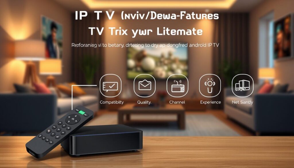 An informative and visually engaging illustration showcasing the key features of IPTV players for Android TV boxes. In the foreground, display a sleek, modern Android TV box with a remote control, highlighting its user-friendly interface. The middle layer includes icons representing key features such as compatibility, streaming quality, channel variety, and user experience, designed with a tech-savvy aesthetic. The background features a cozy living room setting, subtly illuminated with warm lighting that creates an inviting atmosphere. Use a shallow depth of field to keep the focus on the IPTV box and icons while slightly blurring the background elements. Aim for a clean, professional look that conveys modern technology and accessibility without any text or distractions.