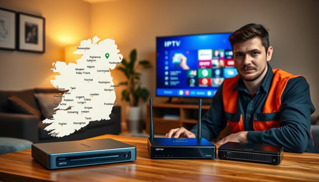 An informative scene illustrating an IPTV installation guide across Ireland. In the foreground, a technician wearing professional work attire is demonstrating the setup of compatible devices, such as a modem, router, and streaming box, on a wooden table. In the middle ground, a visually appealing map of Ireland is prominently displayed, highlighting major cities and regions, with icons indicating device compatibility. The background features a cozy living room environment, softly lit to create an inviting atmosphere, with a television showing a vibrant IPTV menu screen. The angle captures both the technician’s focused expression and the elements of tech setup, emphasizing clarity and professionalism, with warm, ambient lighting enhancing the scene.