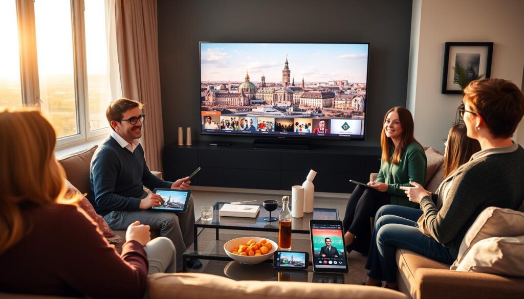 An inviting living room scene showcasing a diverse group of Irish expats watching IPTV on a modern smart TV. In the foreground, a professional-looking Irish man in a neat sweater and an Irish woman in business-casual attire sit comfortably on a stylish couch, both smiling and engaged in the program. The middle layer features coffee tables with snacks and drinks, and devices like tablets and smartphones displaying various Irish channels. In the background, a window shows a picturesque view of Dublin's skyline, brushed with warm afternoon sunlight. The atmosphere is warm and friendly, emphasizing community among expats enjoying their favorite shows together. Use soft, natural lighting to enhance the cozy environment. An inviting living room scene showcasing a diverse group of Irish expats watching IPTV on a modern smart TV. In the foreground, a professional-looking Irish man in a neat sweater and an Irish woman in business-casual attire sit comfortably on a stylish couch, both smiling and engaged in the program. The middle layer features coffee tables with snacks and drinks, and devices like tablets and smartphones displaying various Irish channels. In the background, a window shows a picturesque view of Dublin's skyline, brushed with warm afternoon sunlight. The atmosphere is warm and friendly, emphasizing community among expats enjoying their favorite shows together. Use soft, natural lighting to enhance the cozy environment.