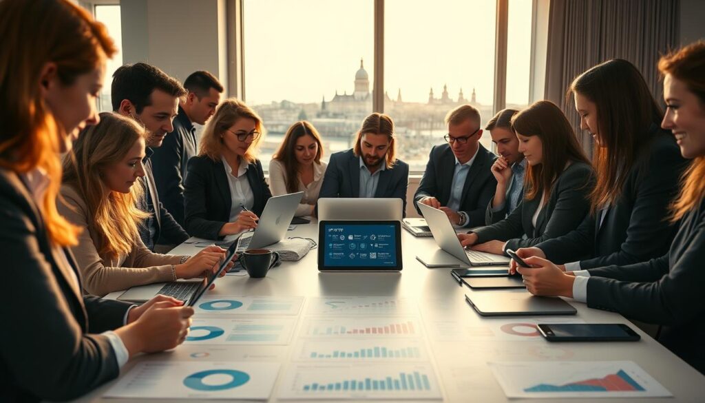 An organized office space in Ireland, focusing on managing an IPTV account. In the foreground, a diverse group of professionals in smart business attire are engaged with laptops and smartphones, analyzing IPTV interfaces and providing support. The middle ground features a modern desk with a digital tablet displaying an IPTV app interface, surrounded by charts showing customer feedback and connectivity statistics. The background showcases a window with a view of Dublin’s skyline under soft afternoon lighting, casting a warm glow across the room. The mood is collaborative and innovative, emphasizing effective management and customer support experiences in a business environment. An organized office space in Ireland, focusing on managing an IPTV account. In the foreground, a diverse group of professionals in smart business attire are engaged with laptops and smartphones, analyzing IPTV interfaces and providing support. The middle ground features a modern desk with a digital tablet displaying an IPTV app interface, surrounded by charts showing customer feedback and connectivity statistics. The background showcases a window with a view of Dublin’s skyline under soft afternoon lighting, casting a warm glow across the room. The mood is collaborative and innovative, emphasizing effective management and customer support experiences in a business environment.