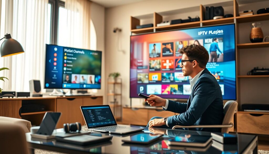 In a modern home office setting, a sleek IPTV player interface is displayed on a large flat-screen TV, showcasing colorful playlists and organized channel categories. In the foreground, a focused young professional sits at a stylish desk, wearing smart casual attire, intently navigating a remote control. The middle ground features a coffee table scattered with digital devices, such as a tablet displaying the IPTV app and a smartphone with playlist options. The background captures shelves lined with tech gadgets, and window light floods the room, creating a bright and inviting atmosphere. The scene emphasizes a sense of organized digital entertainment, reflecting efficiency and enjoyment in content management. The lighting is warm, creating a relaxed yet productive mood.