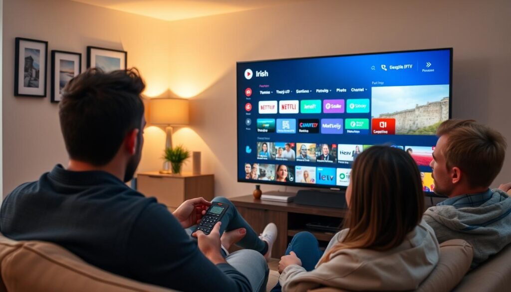 A modern home entertainment setup featuring a sleek television displaying an IPTV interface tailored for Irish viewers. In the foreground, a family of four, dressed in casual but tidy clothing, is seated comfortably on a stylish couch, engaging with a remote control. In the middle, the IPTV interface is vibrant, showcasing a variety of popular Irish channels, streaming options, and user-friendly navigation menus. The background includes a cozy living room, adorned with subtle decorations reflecting Irish culture, such as framed landscapes and a small green plant. Soft, warm lighting creates an inviting atmosphere, enhancing the overall feeling of comfort and family togetherness, as sunlight filters through a nearby window. The perspective is slightly angled to provide depth and capture the engaging interaction of the family with the IPTV service. A modern home entertainment setup featuring a sleek television displaying an IPTV interface tailored for Irish viewers. In the foreground, a family of four, dressed in casual but tidy clothing, is seated comfortably on a stylish couch, engaging with a remote control. In the middle, the IPTV interface is vibrant, showcasing a variety of popular Irish channels, streaming options, and user-friendly navigation menus. The background includes a cozy living room, adorned with subtle decorations reflecting Irish culture, such as framed landscapes and a small green plant. Soft, warm lighting creates an inviting atmosphere, enhancing the overall feeling of comfort and family togetherness, as sunlight filters through a nearby window. The perspective is slightly angled to provide depth and capture the engaging interaction of the family with the IPTV service.