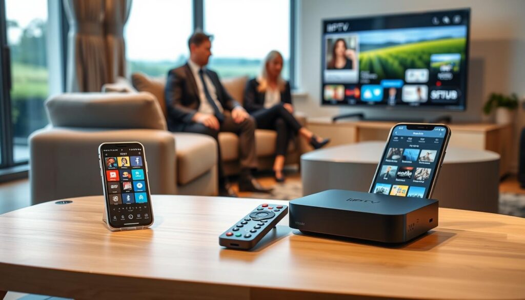 A modern home entertainment setup showcasing IPTV service for Irish viewers. In the foreground, a sleek coffee table holds a stylish streaming device and a remote control, with a smartphone displaying an IPTV app. In the middle, a cozy living room features a comfortable sofa with two people in professional business attire, attentively watching TV on a large flat-screen, displaying an interface of various channels. The background reveals a window with a view of a green Dublin landscape, bringing an Irish touch. Soft, warm lighting creates an inviting atmosphere, with the scene captured at a slight angle that emphasizes the interaction among the viewers and the technology. A modern home entertainment setup showcasing IPTV service for Irish viewers. In the foreground, a sleek coffee table holds a stylish streaming device and a remote control, with a smartphone displaying an IPTV app. In the middle, a cozy living room features a comfortable sofa with two people in professional business attire, attentively watching TV on a large flat-screen, displaying an interface of various channels. The background reveals a window with a view of a green Dublin landscape, bringing an Irish touch. Soft, warm lighting creates an inviting atmosphere, with the scene captured at a slight angle that emphasizes the interaction among the viewers and the technology.