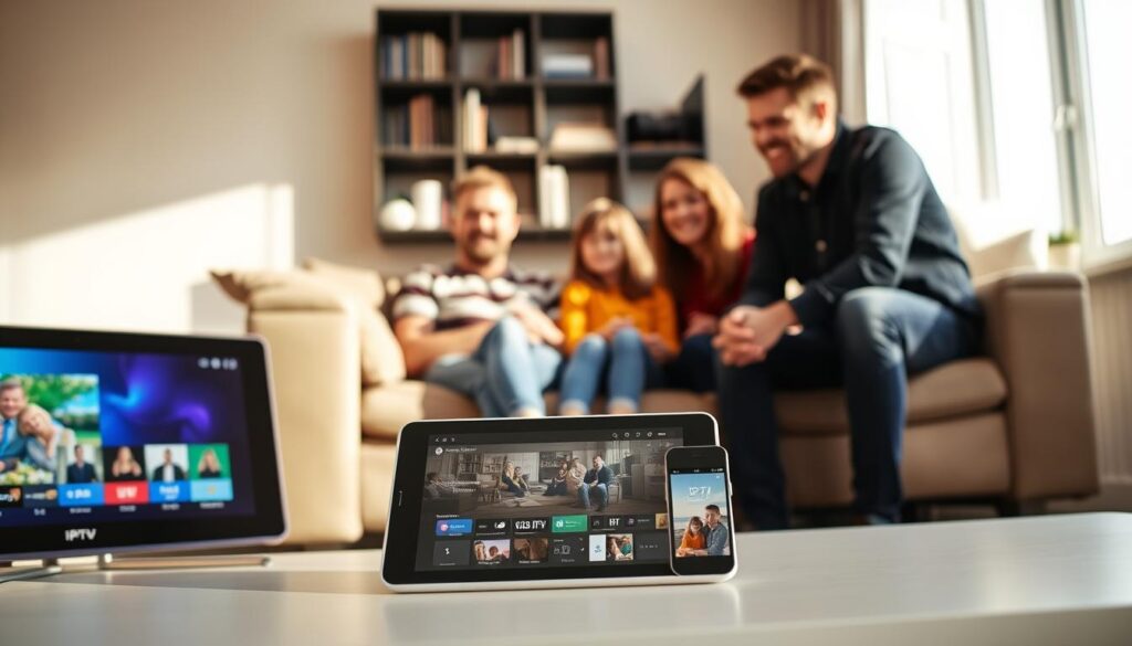 A modern living room setup showcasing various devices compatible with IPTV services in Ireland. In the foreground, a sleek smart TV displays vibrant streaming content. Beside it, an elegant tablet and a smartphone are prominently placed, both showing the IPTV interface. The middle ground features a cozy couch with a family of four, dressed in casual clothing, engaged in watching together, radiating warmth and connection. The background includes a stylish bookshelf and a window with soft, natural light filtering in, casting gentle shadows. The overall atmosphere is inviting and modern, bright and well-lit, capturing a sense of comfort and shared experiences while enjoying IPTV services. The image should be framed from a slightly angled perspective to enhance depth. A modern living room setup showcasing various devices compatible with IPTV services in Ireland. In the foreground, a sleek smart TV displays vibrant streaming content. Beside it, an elegant tablet and a smartphone are prominently placed, both showing the IPTV interface. The middle ground features a cozy couch with a family of four, dressed in casual clothing, engaged in watching together, radiating warmth and connection. The background includes a stylish bookshelf and a window with soft, natural light filtering in, casting gentle shadows. The overall atmosphere is inviting and modern, bright and well-lit, capturing a sense of comfort and shared experiences while enjoying IPTV services. The image should be framed from a slightly angled perspective to enhance depth.