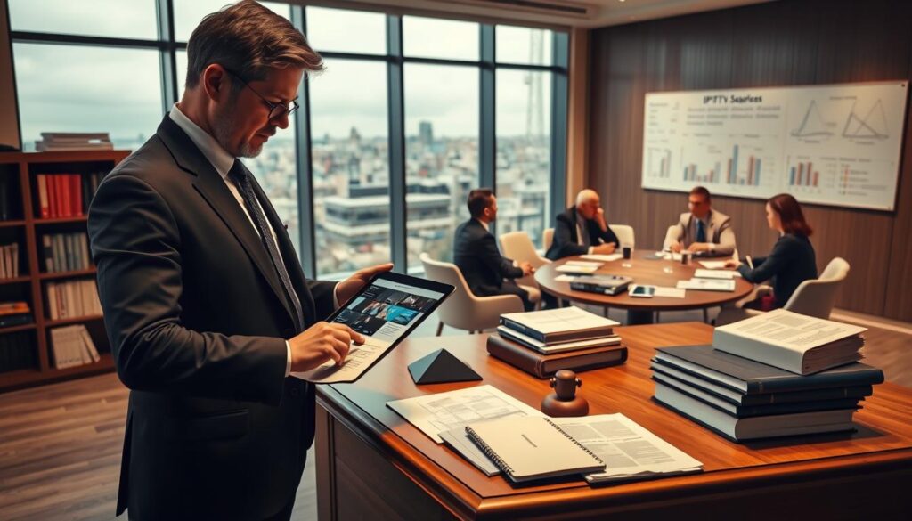 A professional legal office setting in Ireland, featuring a large wooden desk with legal books and documents related to IPTV regulations. In the foreground, a lawyer in a formal suit, focused on analyzing a contract, holding a tablet displaying an IPTV service interface. In the middle ground, a modern conference table surrounded by diverse professionals discussing policy, with charts and diagrams on the wall illustrating IPTV legality issues. The background shows a large window overlooking a Dublin skyline, with soft natural light filtering in, creating a thoughtful and serious atmosphere. The lighting is warm and inviting, emphasizing a sense of professionalism and diligence in legal considerations surrounding IPTV in Ireland. A professional legal office setting in Ireland, featuring a large wooden desk with legal books and documents related to IPTV regulations. In the foreground, a lawyer in a formal suit, focused on analyzing a contract, holding a tablet displaying an IPTV service interface. In the middle ground, a modern conference table surrounded by diverse professionals discussing policy, with charts and diagrams on the wall illustrating IPTV legality issues. The background shows a large window overlooking a Dublin skyline, with soft natural light filtering in, creating a thoughtful and serious atmosphere. The lighting is warm and inviting, emphasizing a sense of professionalism and diligence in legal considerations surrounding IPTV in Ireland.